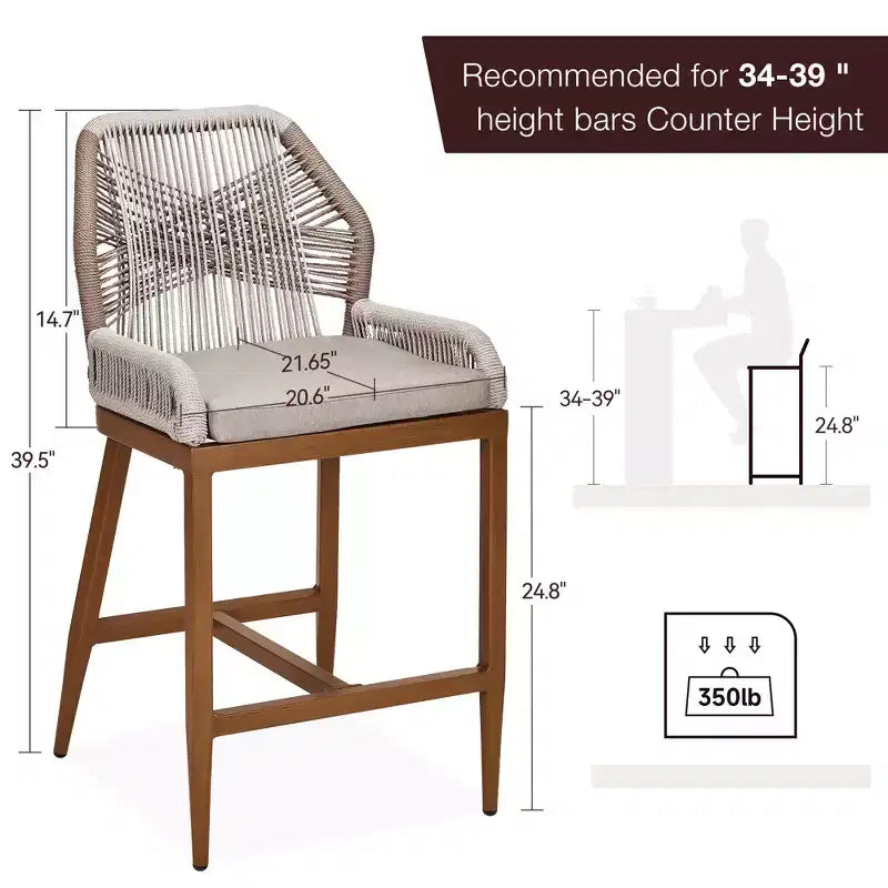 GustoWave Sgabelli da Bar Altezza Bancone Set da 2, Sgabelli da Bar Altezza Bancone in Corda Boho, Sgabelli da Bar Moderni in Alluminio Intrecciato in Rattan con Schienale e Braccioli