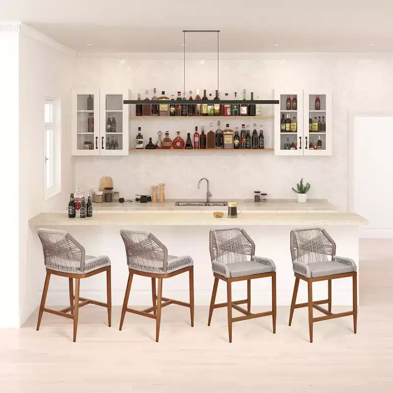 GustoWave Sgabelli da Bar Altezza Bancone Set da 2, Sgabelli da Bar Altezza Bancone in Corda Boho, Sgabelli da Bar Moderni in Alluminio Intrecciato in Rattan con Schienale e Braccioli