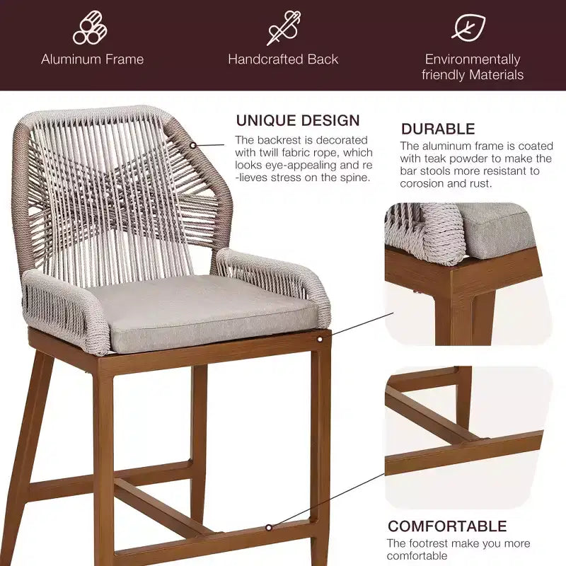 GustoWave Sgabelli da Bar Altezza Bancone Set da 2, Sgabelli da Bar Altezza Bancone in Corda Boho, Sgabelli da Bar Moderni in Alluminio Intrecciato in Rattan con Schienale e Braccioli