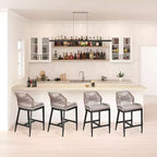 GustoWave Sgabelli da Bar Altezza Bancone Set da 2, Sgabelli da Bar Altezza Bancone in Corda Boho, Sgabelli da Bar Moderni in Alluminio Intrecciato in Rattan con Schienale e Braccioli