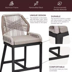 GustoWave Sgabelli da Bar Altezza Bancone Set da 2, Sgabelli da Bar Altezza Bancone in Corda Boho, Sgabelli da Bar Moderni in Alluminio Intrecciato in Rattan con Schienale e Braccioli