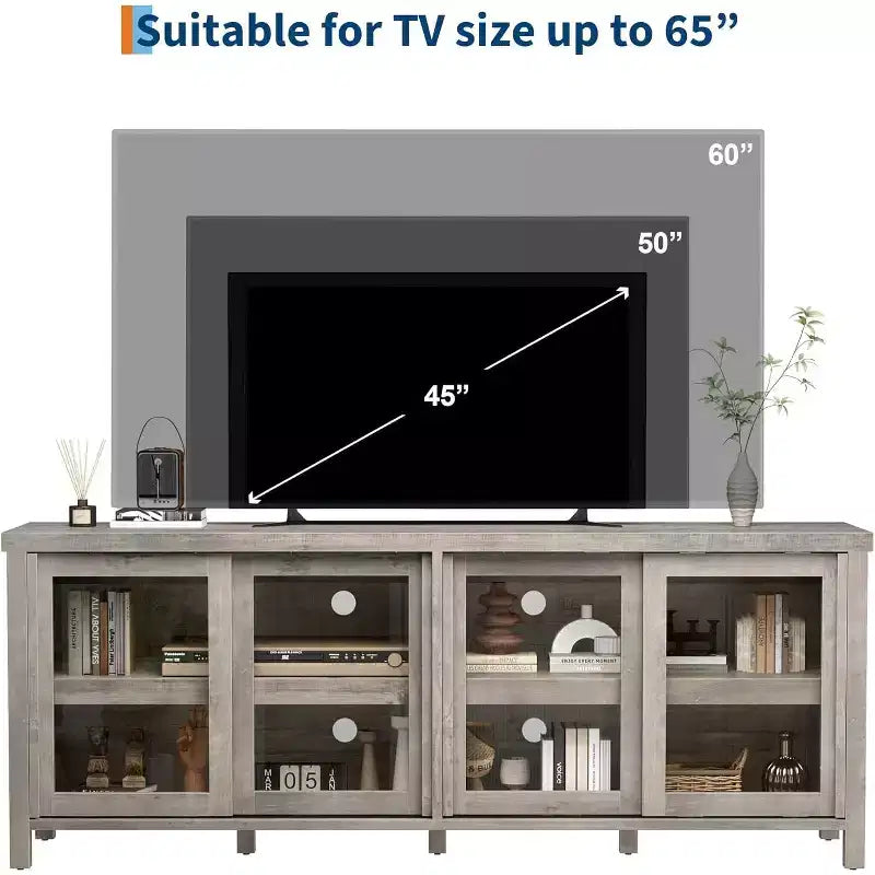 COZONY 62x23.6 Mobile TV per TV 65 Pollici, Centro Intrattenimento, Mobile Media Moderno con Armadietto, 4 Ante Scorrevoli in Vetro