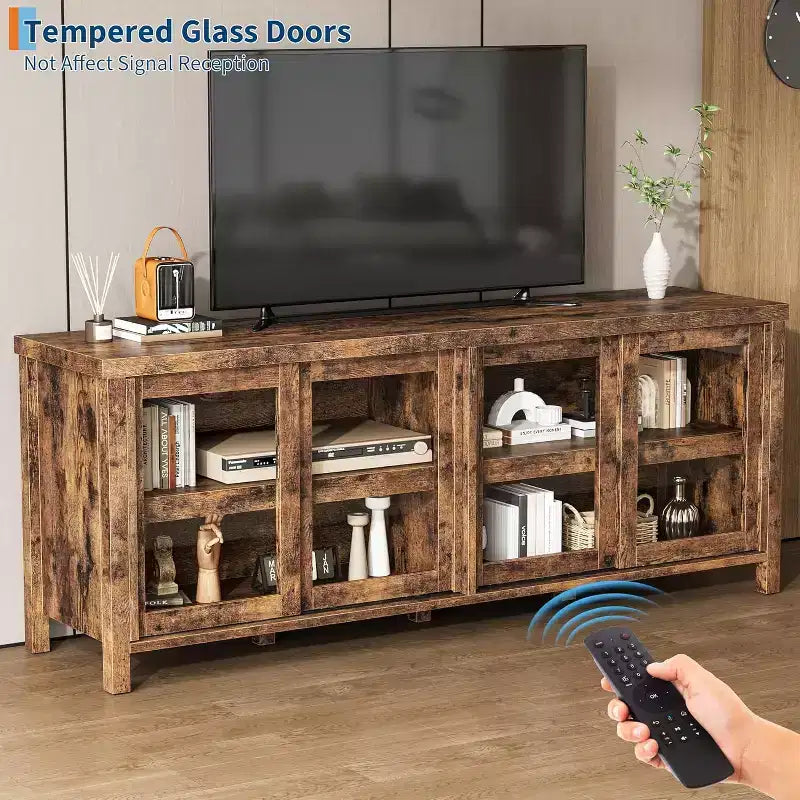 COZONY 62x23.6 Mobile TV per TV 65 Pollici, Centro Intrattenimento, Mobile Media Moderno con Armadietto, 4 Ante Scorrevoli in Vetro