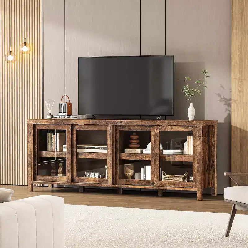 COZONY 62x23.6 Mobile TV per TV 65 Pollici, Centro Intrattenimento, Mobile Media Moderno con Armadietto, 4 Ante Scorrevoli in Vetro