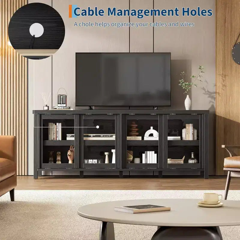 COZONY 62x23.6 Mobile TV per TV 65 Pollici, Centro Intrattenimento, Mobile Media Moderno con Armadietto, 4 Ante Scorrevoli in Vetro