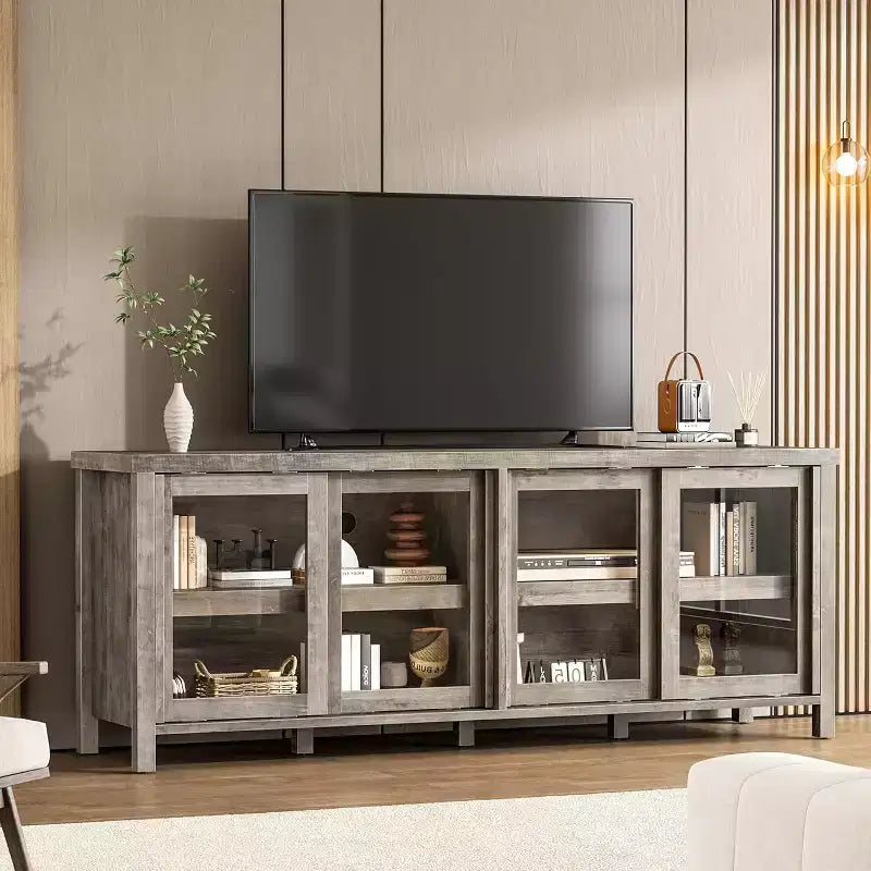 COZONY 62x23.6 Mobile TV per TV 65 Pollici, Centro Intrattenimento, Mobile Media Moderno con Armadietto, 4 Ante Scorrevoli in Vetro