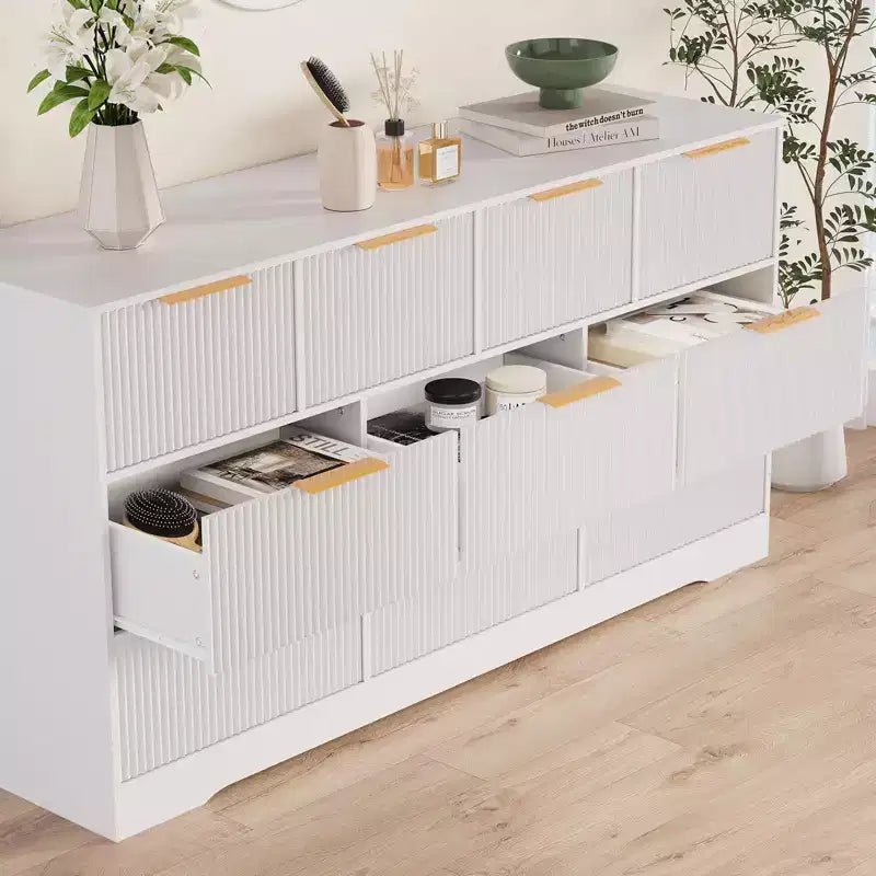 Cassettiera a 10 cassetti per camera da letto, cassettiera in legno da 149,86 cm con maniglie dorate, cassettiera grande scanalata, supporto TV, organizer per vestiti per camera da letto
