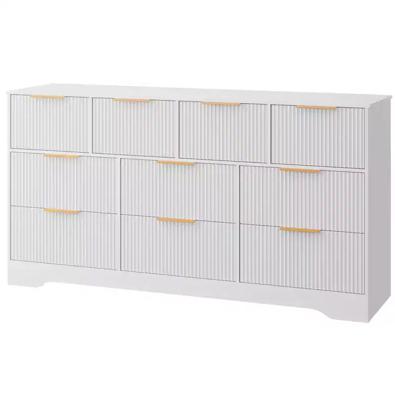 Cassettiera a 10 cassetti per camera da letto, cassettiera in legno da 149,86 cm con maniglie dorate, cassettiera grande scanalata, supporto TV, organizer per vestiti per camera da letto