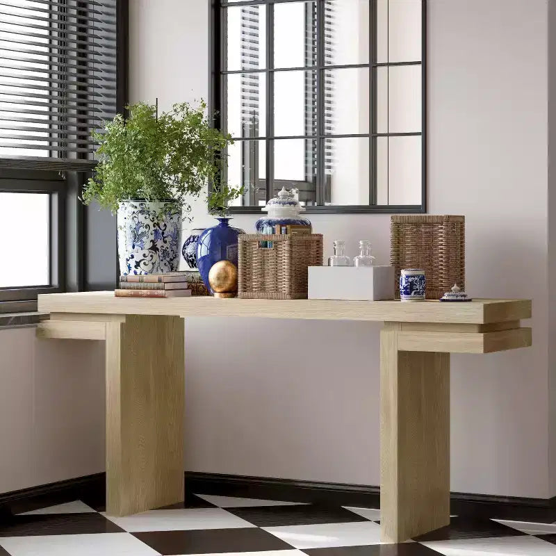 Okak 66IN Tavolo Consolle Minimalista con Impiallacciatura in Legno, Tavolo da Ingresso Extra Largo con Piano Spesso, Tavolo d'Appoggio per Corridoio, Soggiorno