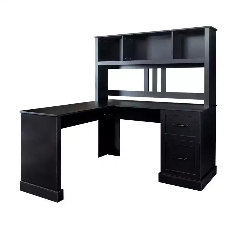Scrivania angolare per computer Homy Casa con libreria e cassetti, workstation moderna per ufficio domestico, colore nero