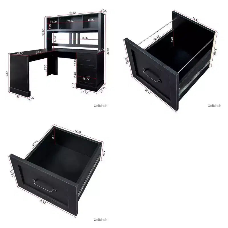 Scrivania angolare per computer Homy Casa con libreria e cassetti, workstation moderna per ufficio domestico, colore nero