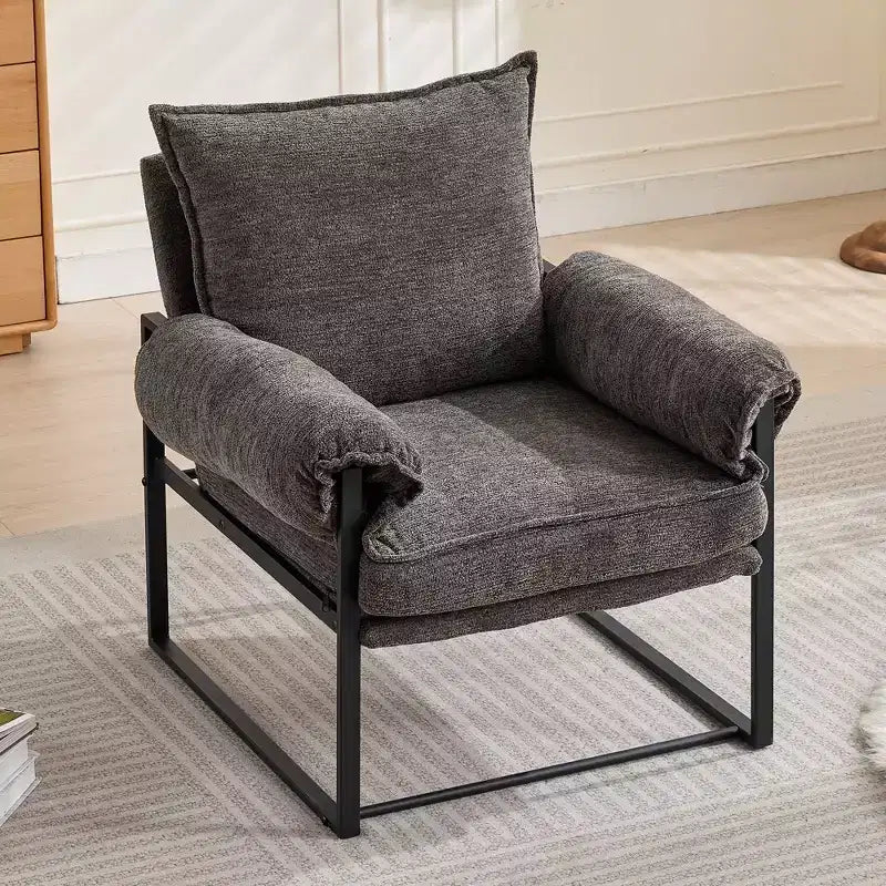 Poltrona Okak Modern Reclinabile con Schienale Imbottito in Ciniglia e Braccioli Regolabili, con Struttura in Metallo Nero, Poltrona Relax per Soggiorni, Aree Relax