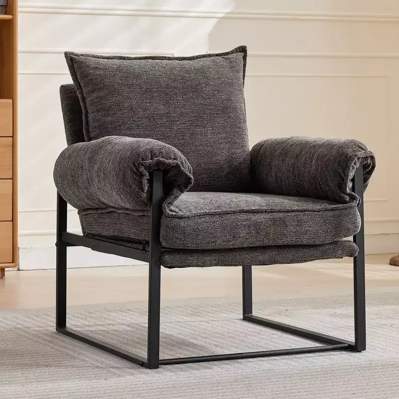 Poltrona Okak Modern Reclinabile con Schienale Imbottito in Ciniglia e Braccioli Regolabili, con Struttura in Metallo Nero, Poltrona Relax per Soggiorni, Aree Relax