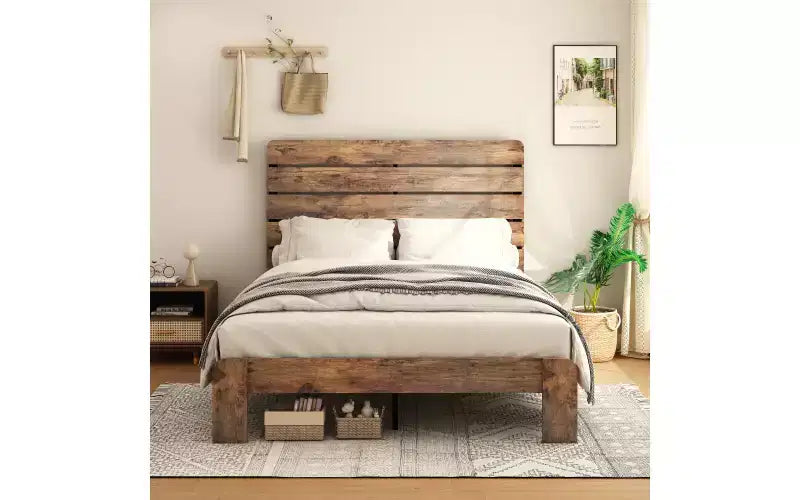 Zevemomo Struttura Letto Matrimoniale Queen, Struttura Letto Matrimoniale Robusta Queen Size, Strutture Letto a Piattaforma con Testiera e Pediera in Legno, Silenziosa, Nessun Sommier a Molle Necessario, Marrone