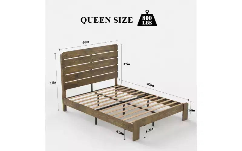 Zevemomo Struttura Letto Matrimoniale Queen, Struttura Letto Matrimoniale Robusta Queen Size, Strutture Letto a Piattaforma con Testiera e Pediera in Legno, Silenziosa, Nessun Sommier a Molle Necessario, Marrone