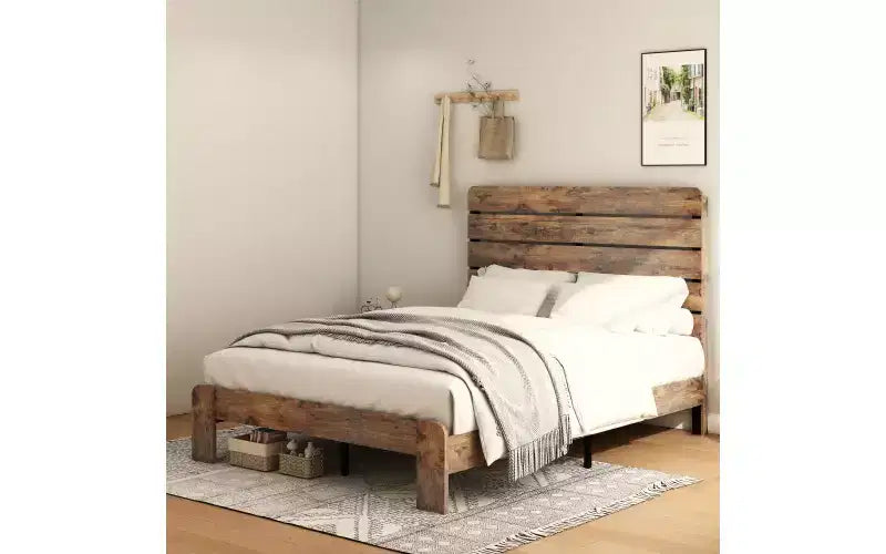 Zevemomo Struttura Letto Matrimoniale Queen, Struttura Letto Matrimoniale Robusta Queen Size, Strutture Letto a Piattaforma con Testiera e Pediera in Legno, Silenziosa, Nessun Sommier a Molle Necessario, Marrone