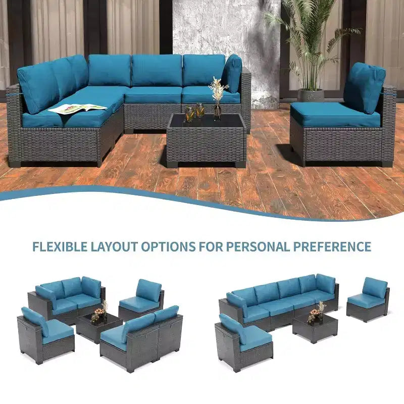 Set di mobili da esterno per patio da 7 pezzi - Divano componibile in vimini PE resistente alle intemperie con cuscini e tavolino da caffè in vetro, set modulare per soggiorno da 6 posti