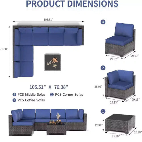Set di mobili da esterno per patio da 7 pezzi - Divano componibile in vimini PE resistente alle intemperie con cuscini e tavolino da caffè in vetro, set modulare per soggiorno da 6 posti