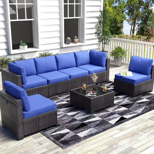 7-Piece Outdoor Patio Furniture Set - All-Weather PE Wicker Sectional Sofa with Cushions and Glass Coffee Table, Modular 6-Seater Living Room Set