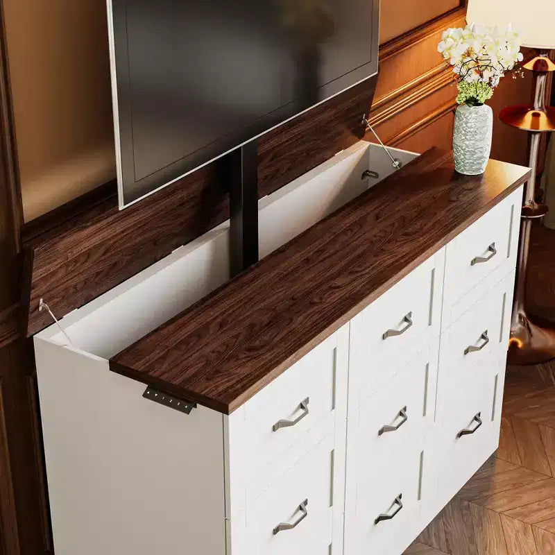 Mobile per TV da gioco elettrico Famapy con supporto TV ad alzata silenziosa, 9 cassetti e 2 prese. Centro di intrattenimento per schermi da 35 a 65 pollici in sala giochi.