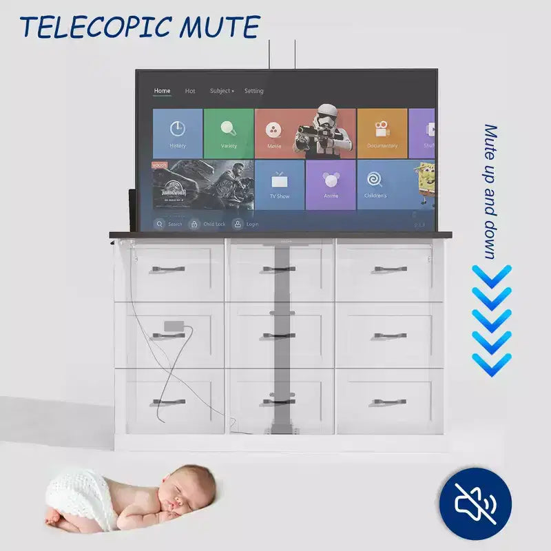 Mobile per TV da gioco elettrico Famapy con supporto TV ad alzata silenziosa, 9 cassetti e 2 prese. Centro di intrattenimento per schermi da 35 a 65 pollici in sala giochi.