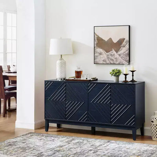 Buffet de rangement 60 po avec portes à motif géométrique et étagères réglables, meuble TV console moderne, table de bar à café pour cuisine