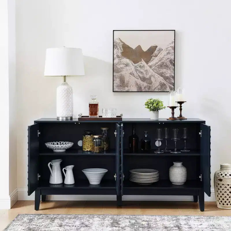 Mobile credenza con 60 ripiani e ante con motivo geometrico, scaffali regolabili, consolle moderna porta TV, tavolino da caffè, buffet per cucina