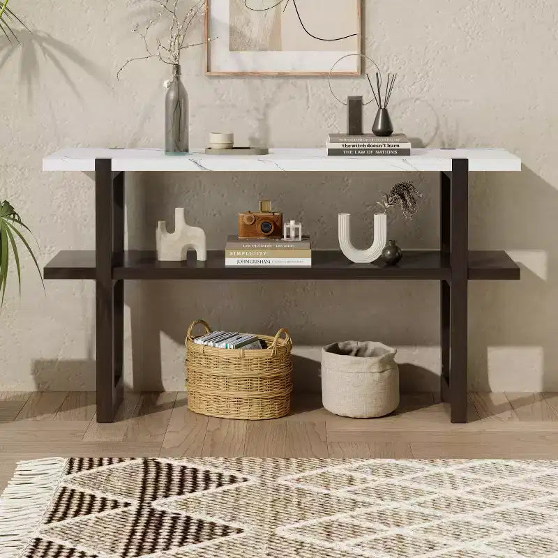 Okak 54IN Retro Narrow Console Table, Entryway Table with Open Shelf and Marble-Effect Tabletop, Hallway Table for Living Room, Foyer