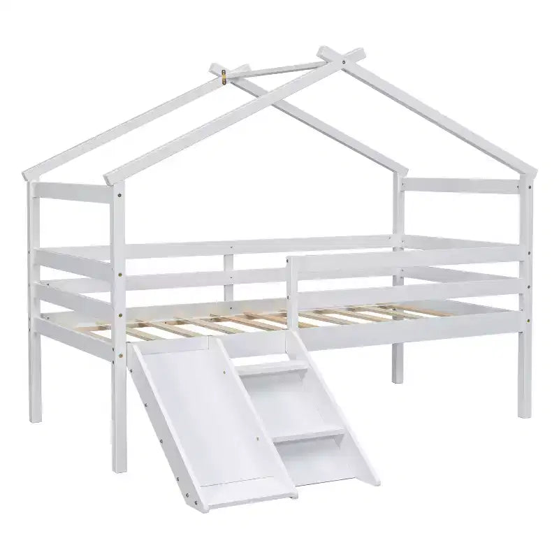 Okak 81.7IN Letto a soppalco basso per bambini con scivolo, letto singolo con scala, ringhiere di sicurezza e struttura a tetto a casetta, struttura letto per cameretta bambini
