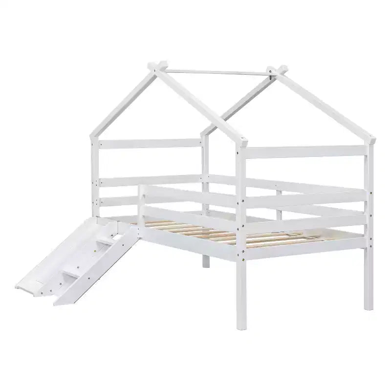 Okak 81.7IN Letto a soppalco basso per bambini con scivolo, letto singolo con scala, ringhiere di sicurezza e struttura a tetto a casetta, struttura letto per cameretta bambini