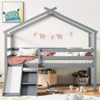 Okak 81.7IN Letto a soppalco basso per bambini con scivolo, letto singolo con scala, ringhiere di sicurezza e struttura a tetto a casetta, struttura letto per cameretta bambini