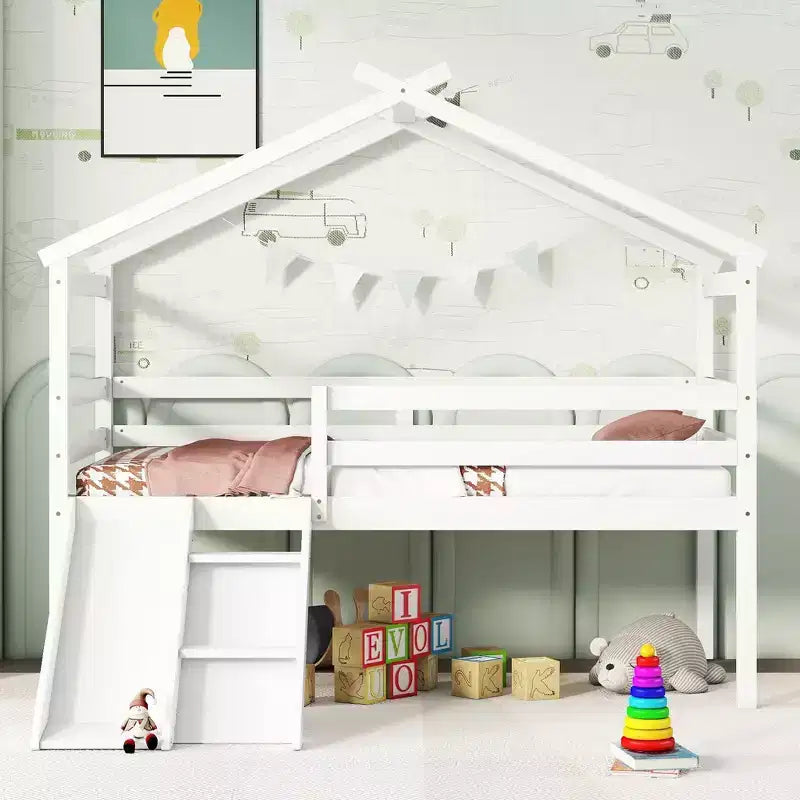 Okak 81.7IN Letto a soppalco basso per bambini con scivolo, letto singolo con scala, ringhiere di sicurezza e struttura a tetto a casetta, struttura letto per cameretta bambini