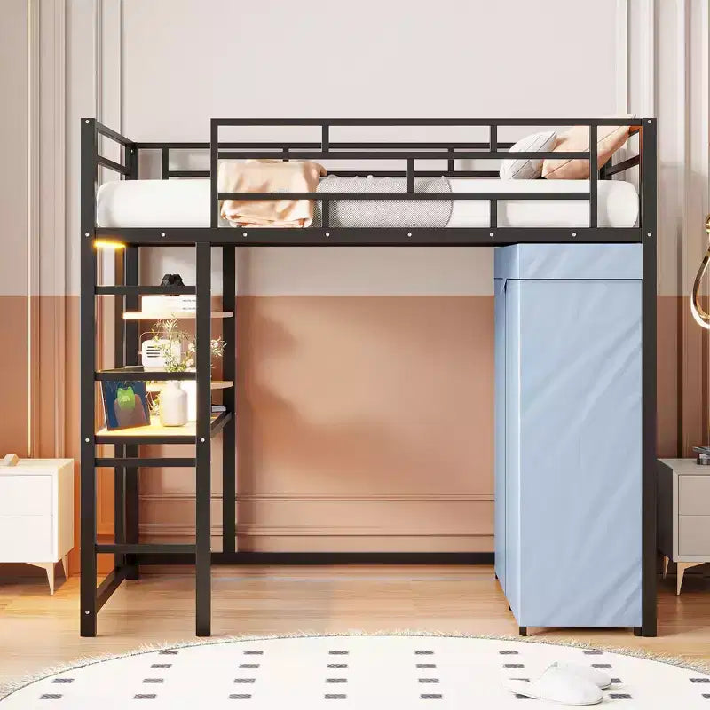 Okak 77.4IN Letto a soppalco in metallo matrimoniale/singolo con scrivania, struttura letto con ringhiere di sicurezza alte e armadio, letto singolo per camera da letto, dormitorio