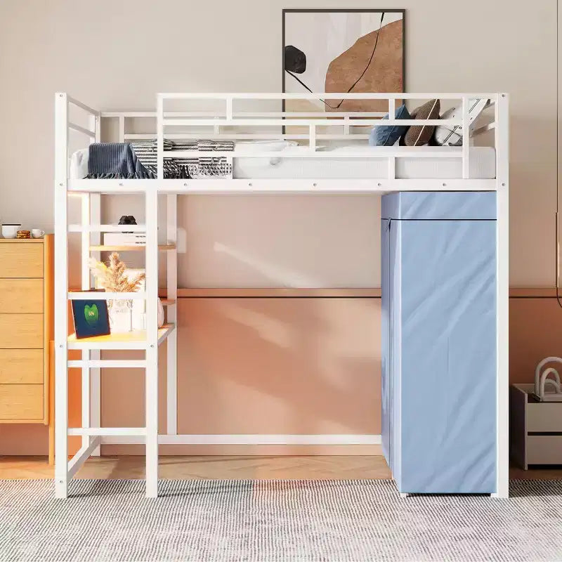 Okak 77.4IN Letto a soppalco in metallo matrimoniale/singolo con scrivania, struttura letto con ringhiere di sicurezza alte e armadio, letto singolo per camera da letto, dormitorio
