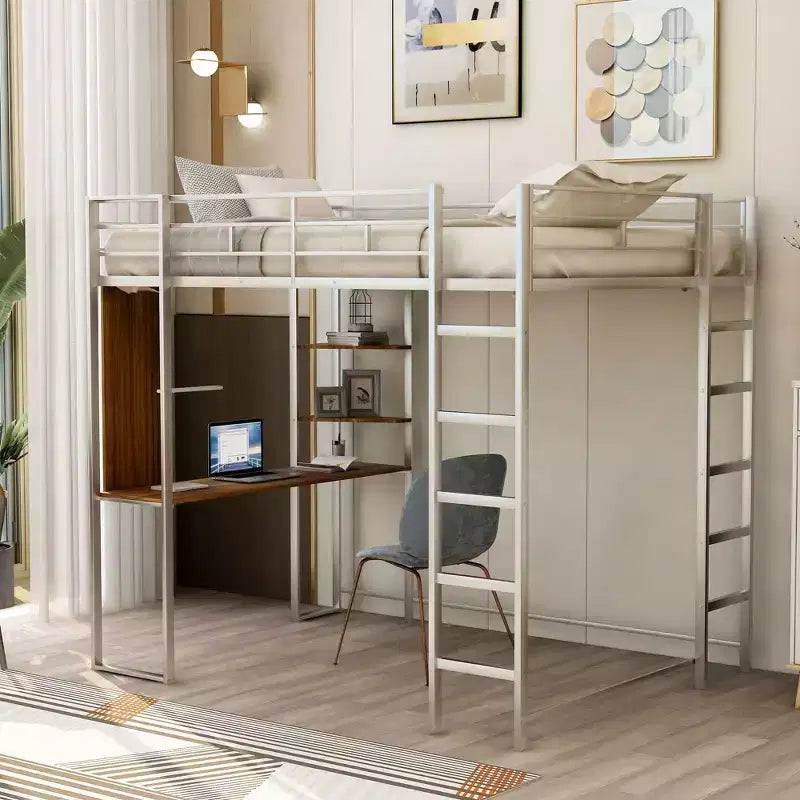 Okak 79.5IN Full Size Metal Loft Bed with 2 Ladders, Bed Frames With Desk, 2 Shelves and Safety Guardrails, Bunk Bed for Bedroom, Dormitory