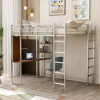Okak 79.5IN Full Size Metal Loft Bed with 2 Ladders, Bed Frames With Desk, 2 Shelves and Safety Guardrails, Bunk Bed for Bedroom, Dormitory