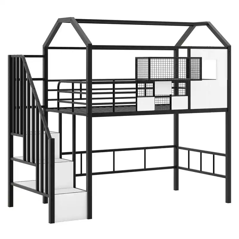 Okak Letto a soppalco in metallo 93.7IN con tetto a capanna, telaio letto con scaffali portaoggetti e cesto, letto singolo per soggiorno, camera da letto