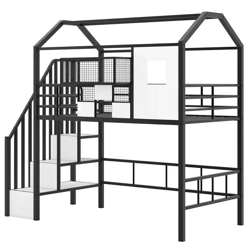 Okak Letto a soppalco in metallo 93.7IN con tetto a capanna, telaio letto con scaffali portaoggetti e cesto, letto singolo per soggiorno, camera da letto