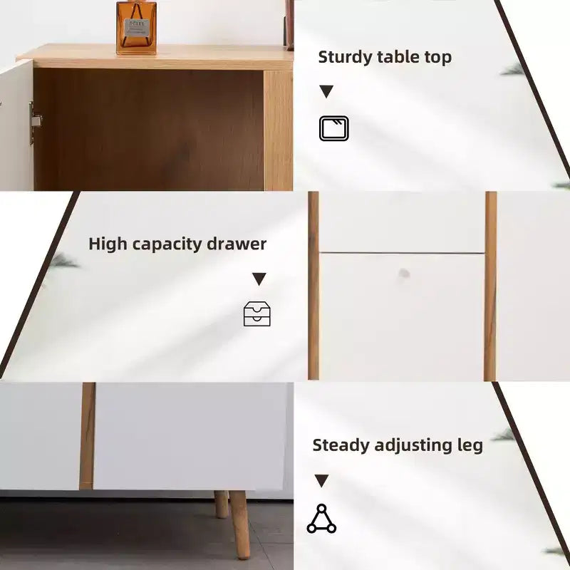 Homy Casa Meuble de Rangement 47 avec 3 Tiroirs et 2 Portes, Pieds en Bois, Chêne Blanc
