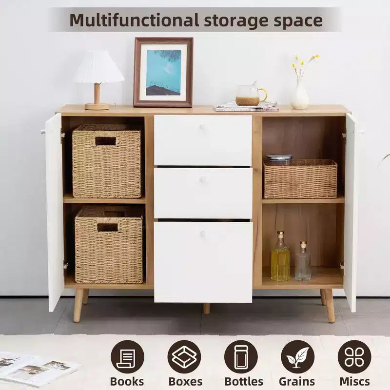 Homy Casa Meuble de Rangement 47 avec 3 Tiroirs et 2 Portes, Pieds en Bois, Chêne Blanc