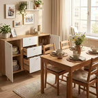 Homy Casa Meuble de Rangement 47 avec 3 Tiroirs et 2 Portes, Pieds en Bois, Chêne Blanc
