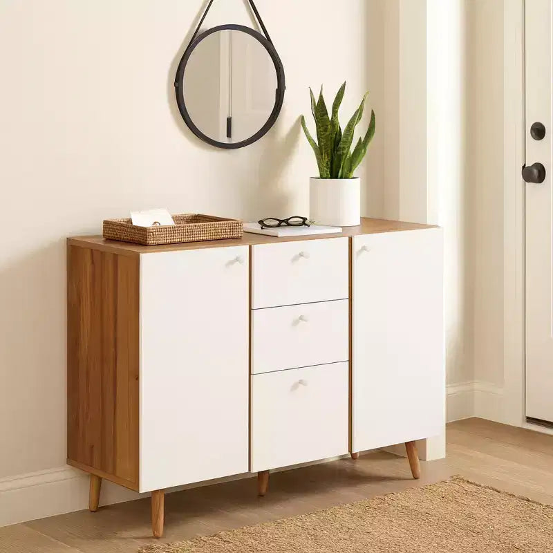 Homy Casa Meuble de Rangement 47 avec 3 Tiroirs et 2 Portes, Pieds en Bois, Chêne Blanc