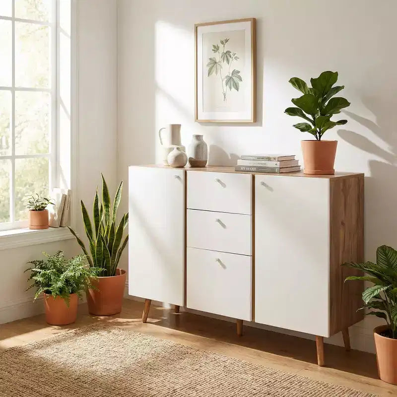 Homy Casa Meuble de Rangement 47 avec 3 Tiroirs et 2 Portes, Pieds en Bois, Chêne Blanc
