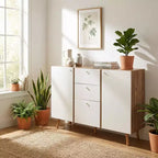 Homy Casa Meuble de Rangement 47 avec 3 Tiroirs et 2 Portes, Pieds en Bois, Chêne Blanc