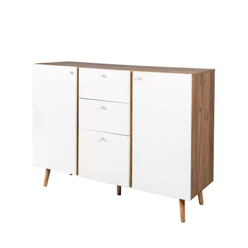 Homy Casa Meuble de Rangement 47 avec 3 Tiroirs et 2 Portes, Pieds en Bois, Chêne Blanc