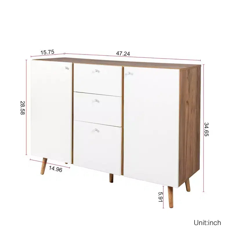 Homy Casa Meuble de Rangement 47 avec 3 Tiroirs et 2 Portes, Pieds en Bois, Chêne Blanc