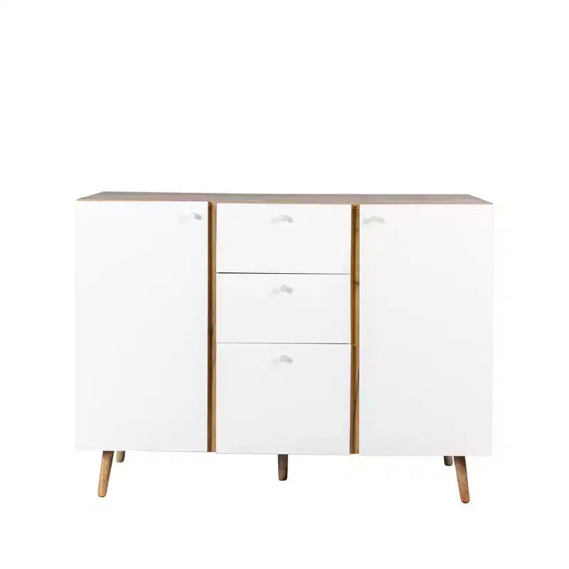 Homy Casa Meuble de Rangement 47 avec 3 Tiroirs et 2 Portes, Pieds en Bois, Chêne Blanc