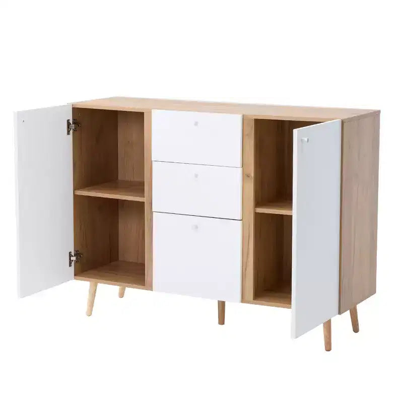 Homy Casa Meuble de Rangement 47 avec 3 Tiroirs et 2 Portes, Pieds en Bois, Chêne Blanc