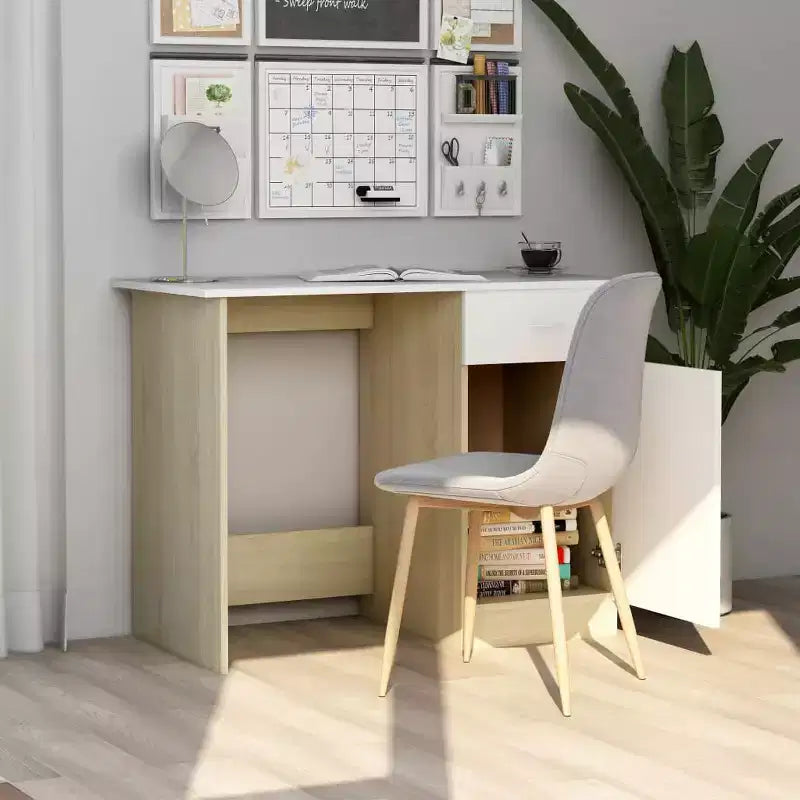 Scrivania media in legno multistrato bianco e rovere Sonoma