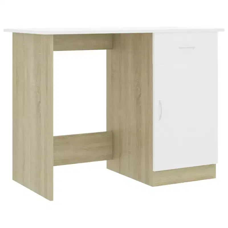 Scrivania media in legno multistrato bianco e rovere Sonoma